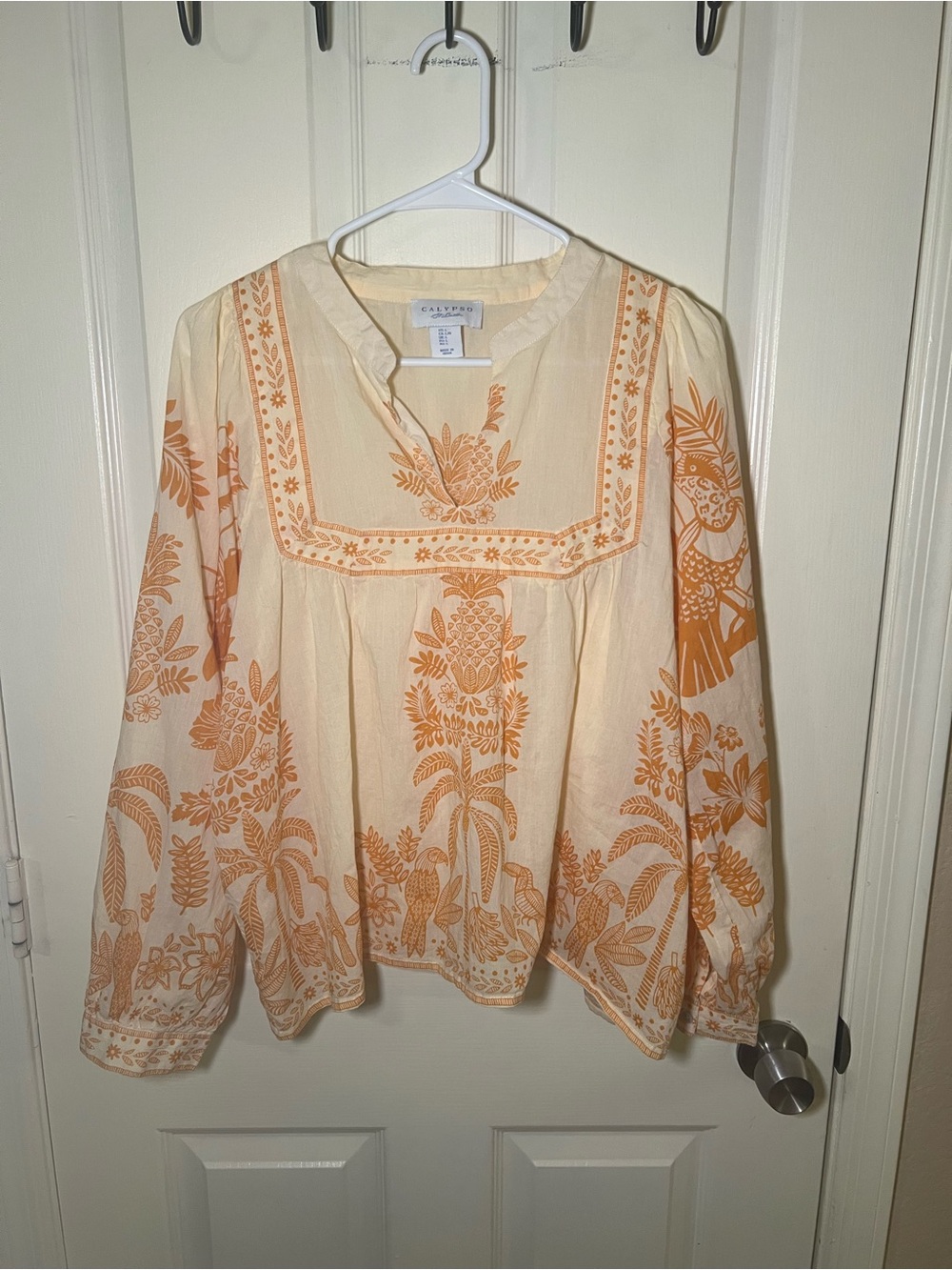 Calypso St. Barth 100% Cotton Tropical Print Peasant Blouse Large Boho - Picture 6 of 8